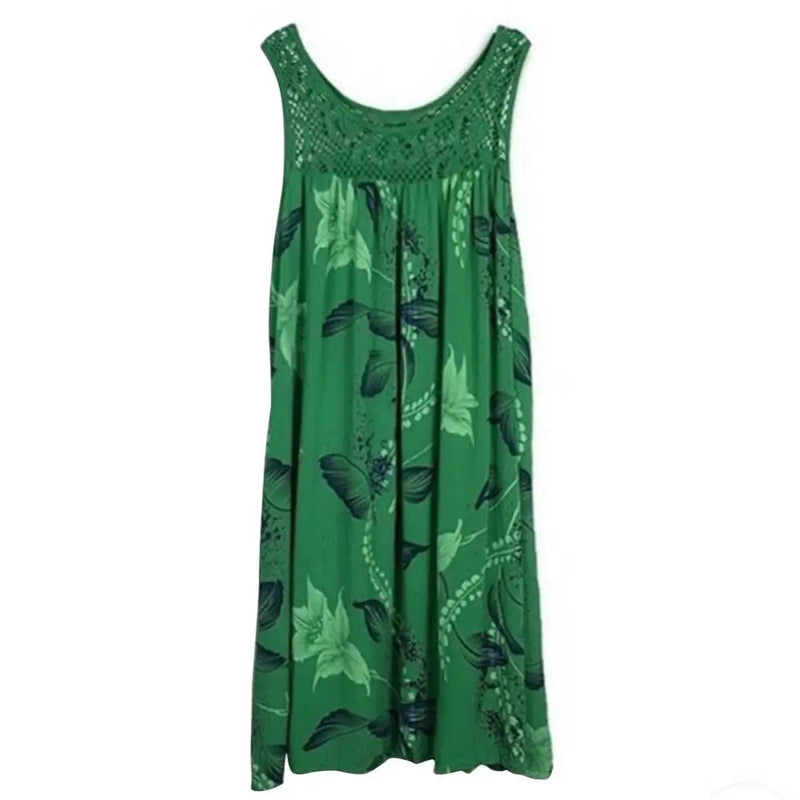 Plus Size Floral Printed Lace Stitching O-Neck Sleeveless Women Summer Loose Tank Dress