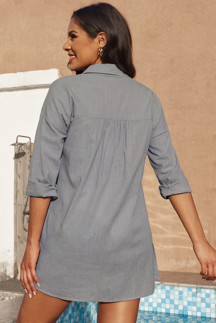 Gray Lightweight Shirt Style Beach Cover Up