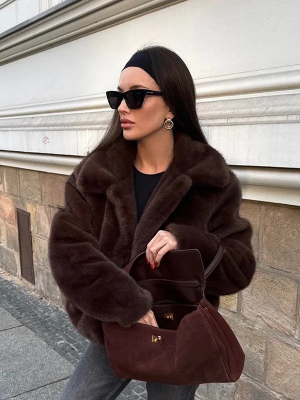 Vintage Brown Lapel Faux Fur Jacket For Women Fashion Solid Long Sleeve Cropped Lapel Coat Winter New Female High Street Outwear