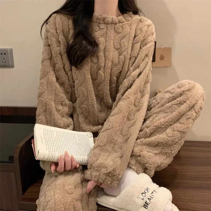 Thickened Warm Sleepwear for Winter Women Flannel Suit Student Pajamas Homewear Tops and Pants Striped Nightwear Loungewear