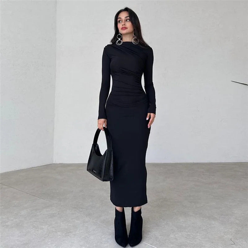 Cryptographic Autumn Elegant Ruched Long Bodycon Dress Fashion Outfits for Women Club Party Slinky Sexy Dresses Birthday Robes