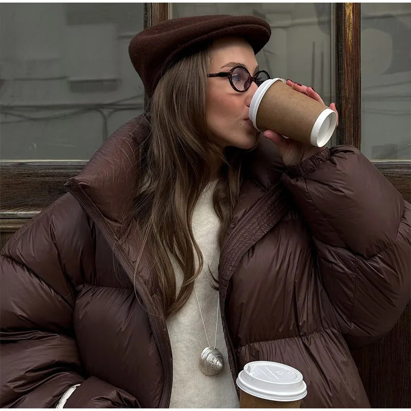 2024 New Winter Brown Warm Women's Cotton Coat Fashion Stand Collar Zipper Oversized Jackets Female Street Commuting Outerwear