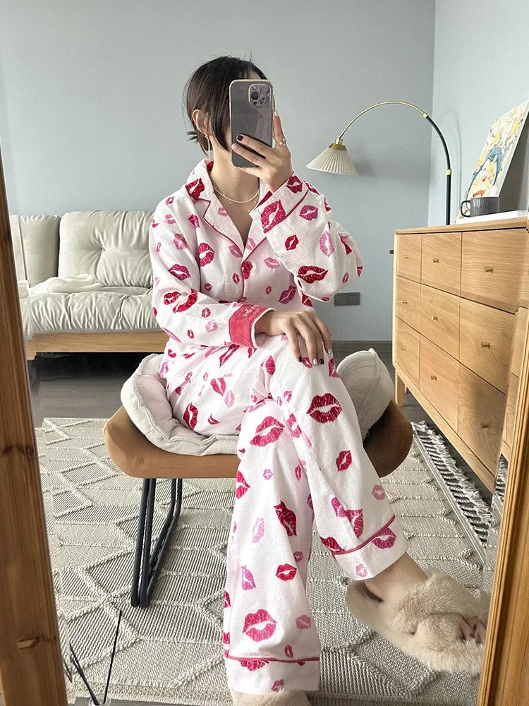 100% Cotton Pajamas for Women Loose Cartoon Long Sleeve Pants Loungewear Women 2 Piece Set Pj Women Outfit Sleepwear Set Pijamas