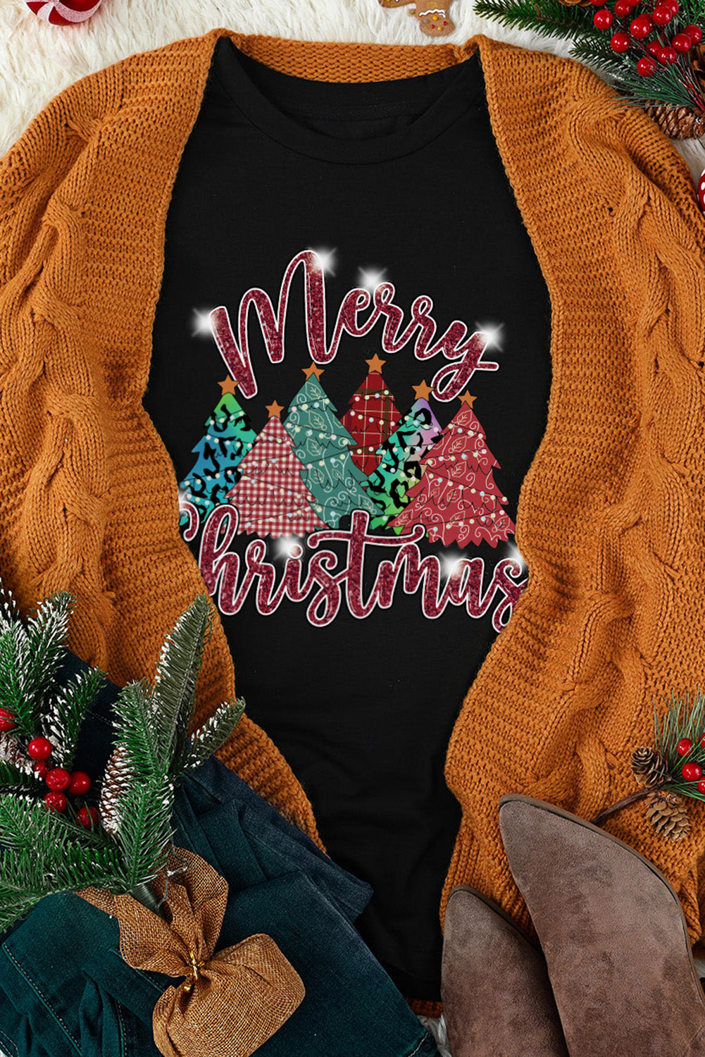 Black Merry Christmas Tree Pattern Graphic Tee