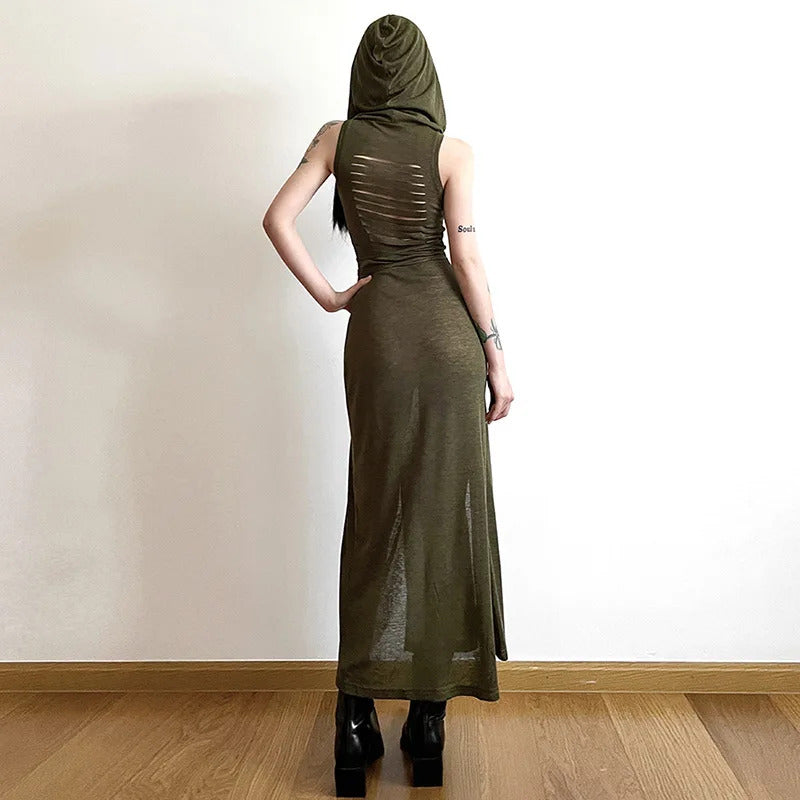 Goth Dark Cyber Gothic Desert Walker Hooded Dresses Y2k Punk Grunge Hollow Out Midi Dress Women Sexy Split Side Solid Streetwear