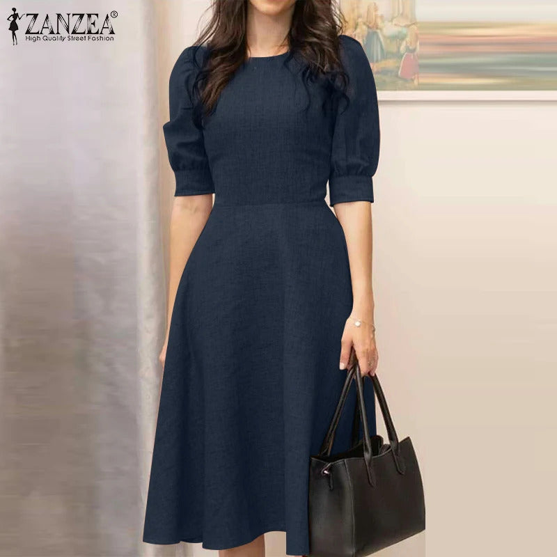 ZANZEA Elegant Women Office Work Dress Summer Half Sleeve Sundress Stylish Slim A-line Vestidos Solid Knee-length Robe Femme