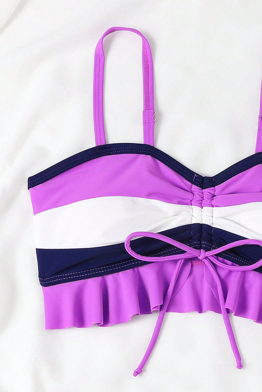 Dark Purple Colorblock Ruffled Drawstring Tie Shorts Bikini