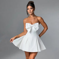 NIDANSSI Strapless Bow Backless Elegant Evening Party Dress Women Ruffle Sexy White Dress Bodycon Mini Summer Dress Vestidos