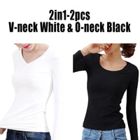 O Neck V Neck Long Sleeve Shirt Women Winter Bottoming Crop Tops Black Casual  Slim Basic Velvet Heating Fiber Thermal T-Shirts