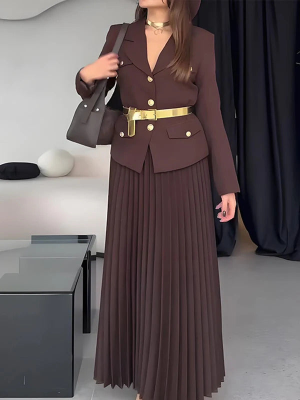 Elegant Women's Two Pieces Set Single-breasted Lapel Large Size Coat Belt Pleated Midi Skirt Suit 2025 Lady New In Matching Sets