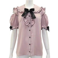 Gothic Lolita Blouses Women Sweet Bow Off Shoulder JK Shirt Japanese Girls Elegant Love Heart Lace Ruffles Blusas Mujer Tops