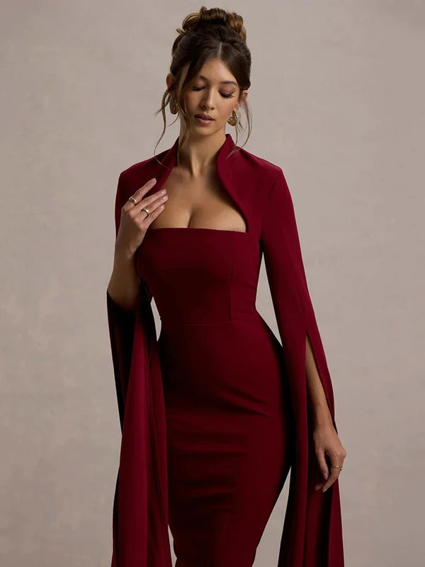 Mozision Cape Long Sleeve Sexy Midi Dress For Women Autumn Winter New Square Collar Back Slit Bodycon Club Party Long Dress