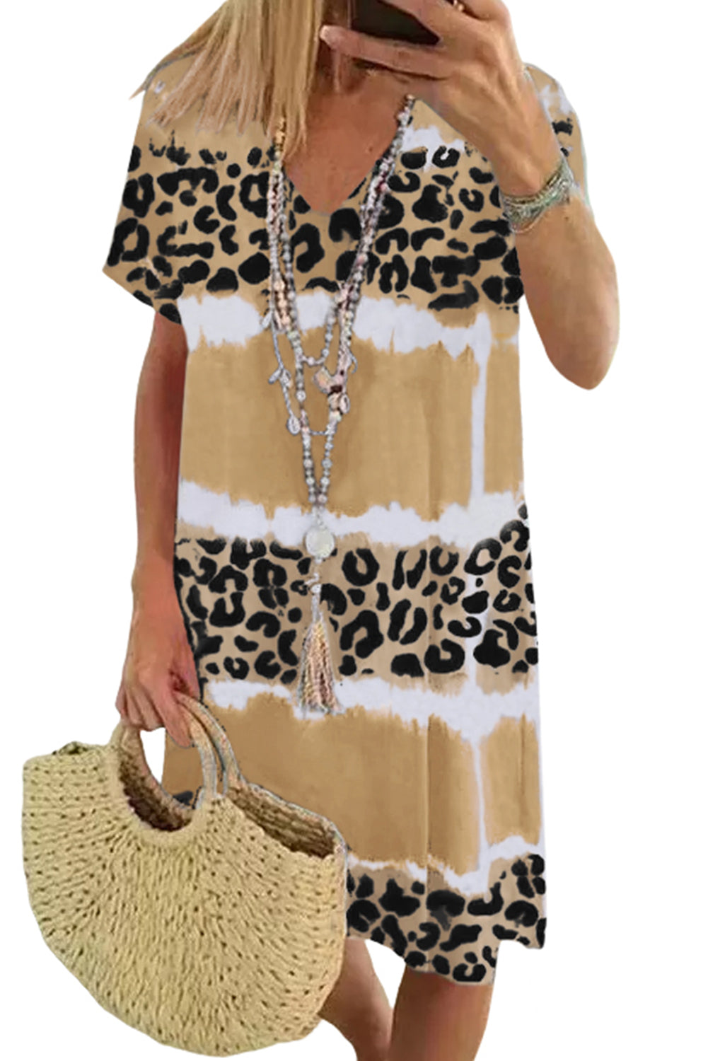 Women's Leopard Color Block V-Neck T-shirt Dress