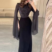 Fashion Satin Solid Robe Dress Ladies Temperament O-neck Slim Evening Dress Elegant Batwing Sleeves High Waist Pleats Long Dress