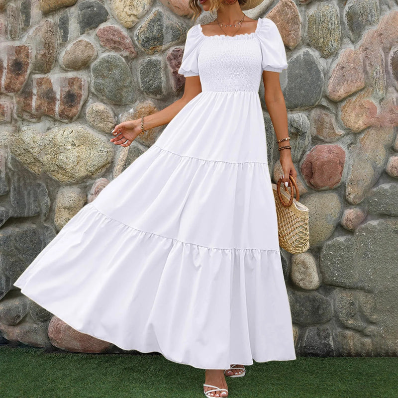 Women's Boho Loose Long Dress Crew Neck Short Sleeve Ruffle Hem A Line Flowy Maxi Dresses Female Summer Casual Holiday Dress