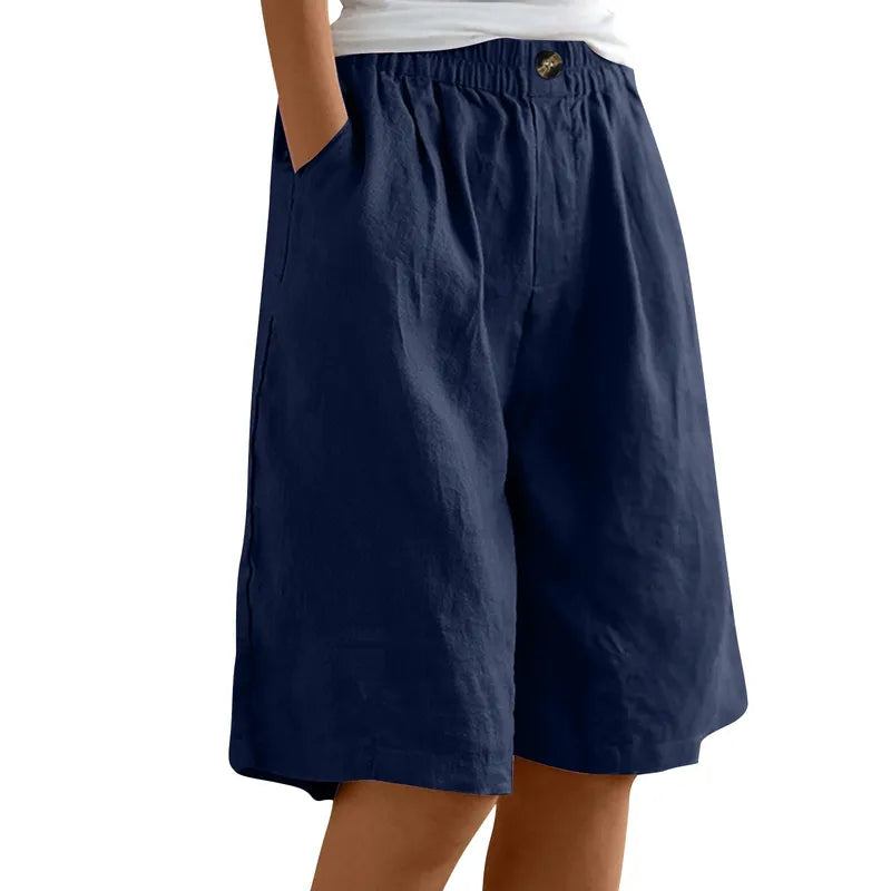 Women's Fashion Solid Color Pants Pocket Button Up Capris Loose Elastic Waist Cotton Linen Shorts