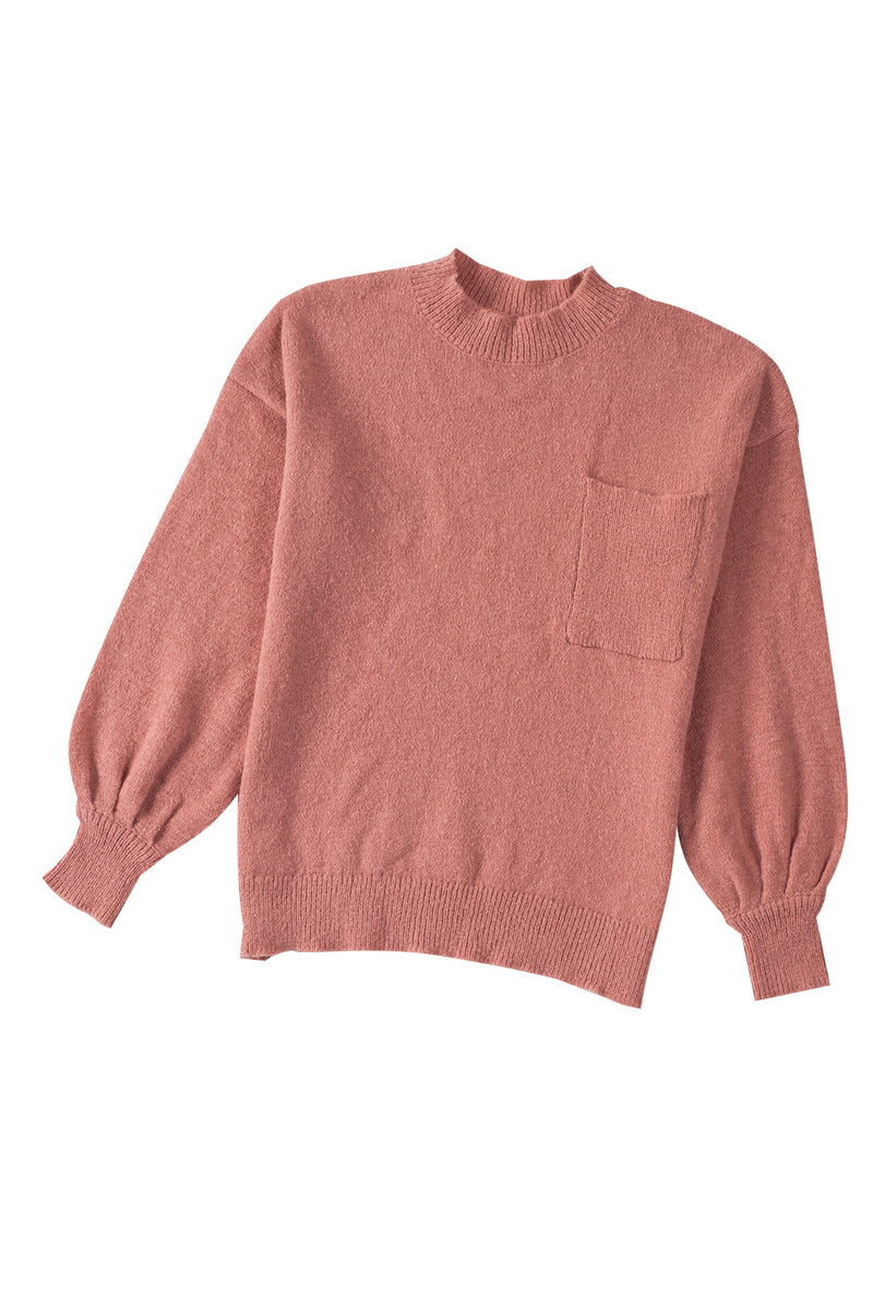 Solid Color Puffy Sleeve Pocketed Sweater