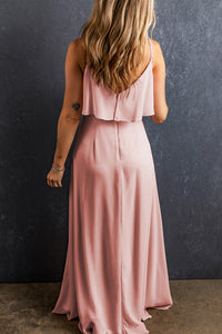 Light Pink Spaghetti Straps V Neck Ruffled Split Long Dress