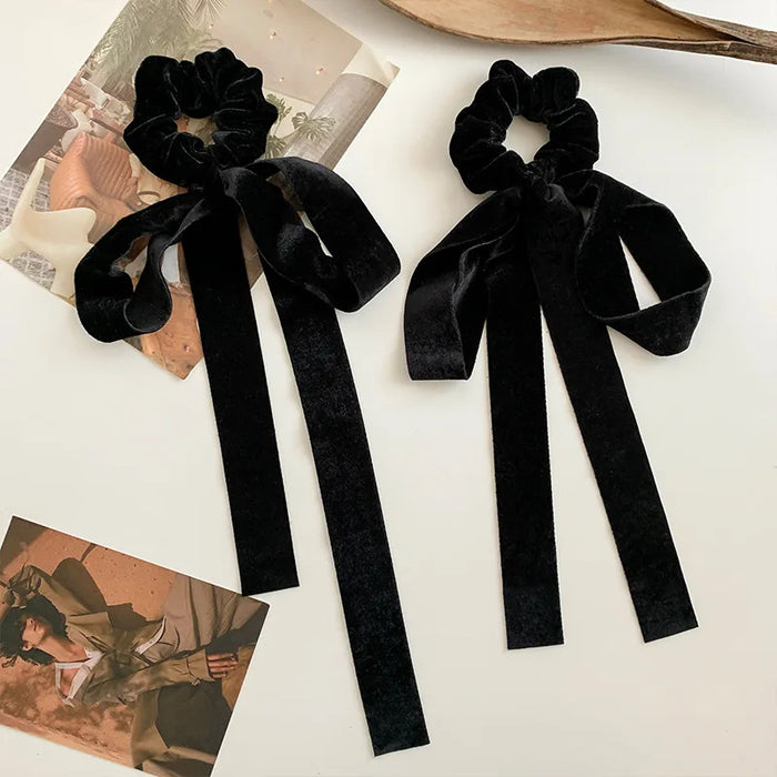 Fashion Vintage Black Bow Hair Ribbon Scrunchie for Women Girls Long Elastic Hair Tie Headwear Female Hair Accessories