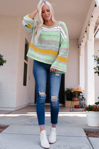 Green Striped Bell Sleeves Loose Sweater