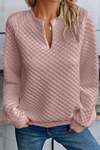 Light Pink Split Neck Quilted Long Sleeve Top