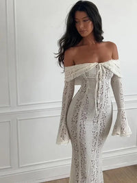 Elegant One Shoulder Lace Up Hollow Women's Dress Slim Fit See-through Long Sleeved Backless Robe 2024 Summer Lady Evening Gowns