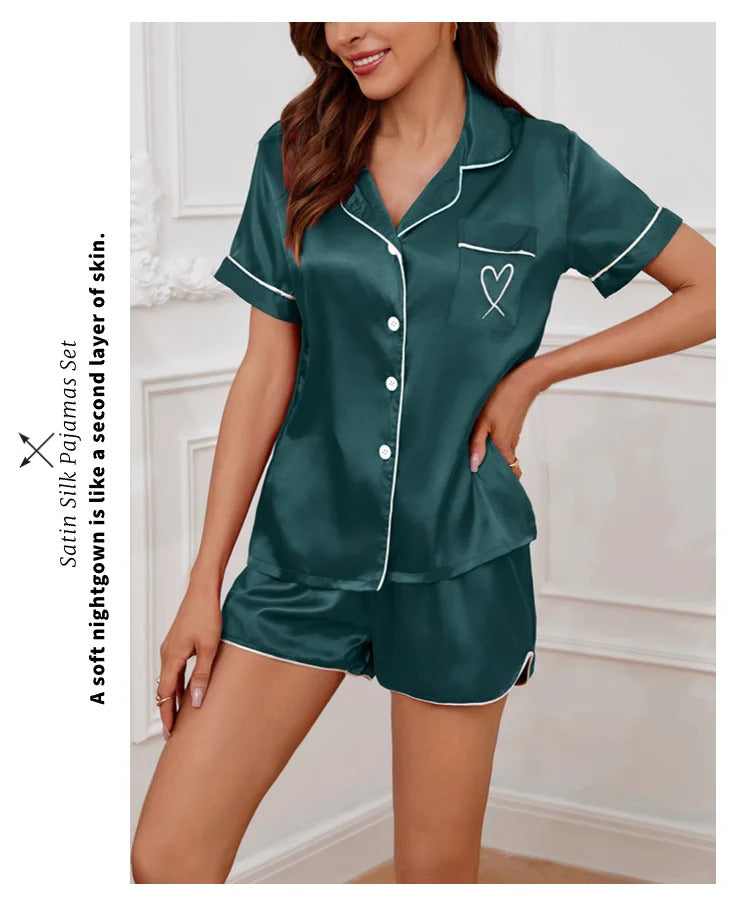 Women's Pajamas Lounge Set Heart Embroidered Pocket Patched Sleepwear Button Down Short Sleeve Top & Shorts Pyjama Home Clothing