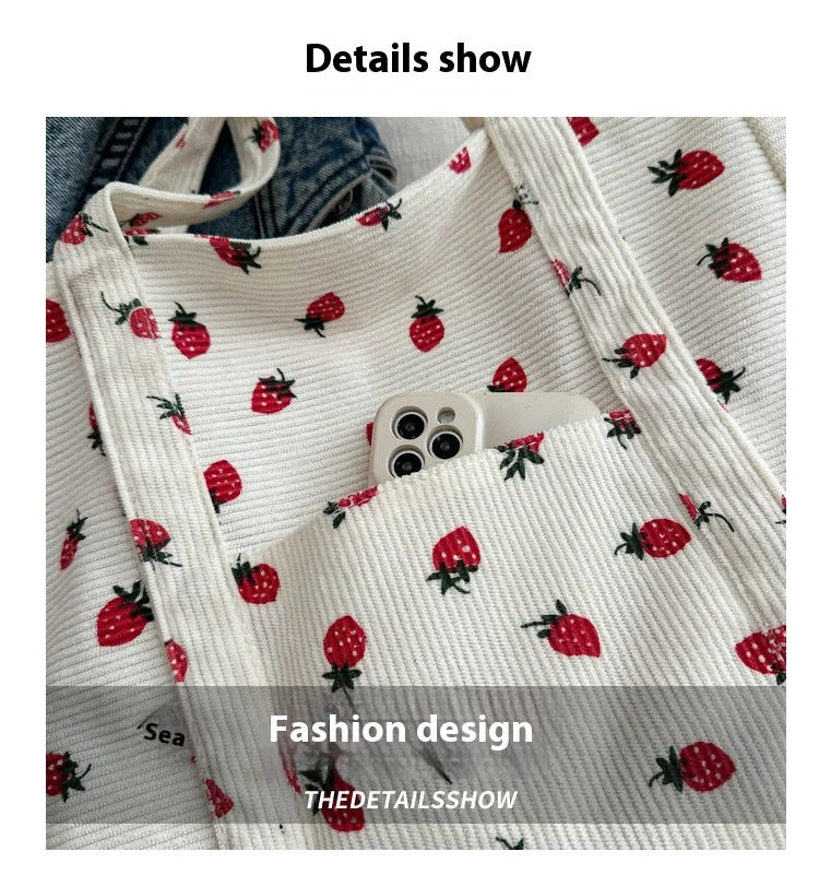 Corduroy Handbag Strawberries Beach Bag Fashionable Versatile Shoulder Bag LargeCapacity Simple Commuter Women's Tote Bag Bolsos