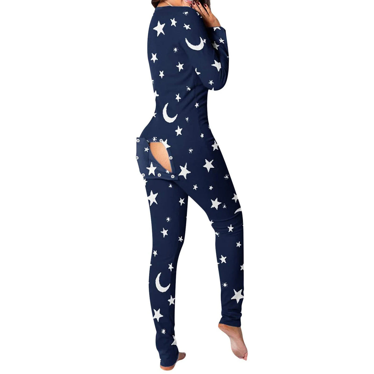 Women Buttoned Flap Jumpsuits Sleepwear Cow Printed Long Sleeve V Neck Bodycon Romper Spring Fall Loungewear