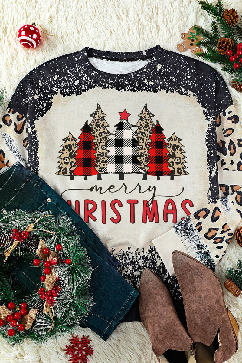 Black Merry Christmas Multi Tree Print Leopard Sleeve Sweatshirt