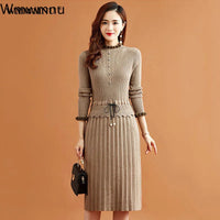 Pleated Knitted Dress Bottoming Sweater Dresses Fake Two Pieces Women Vintage Elegant Long Sleeve Fall Casual Slim Midi Vestidos