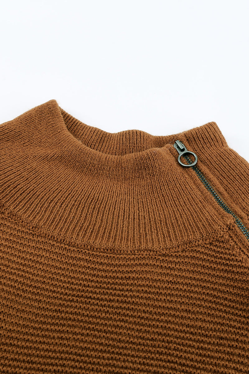 Brown Zip Knitted High Neck Sweater