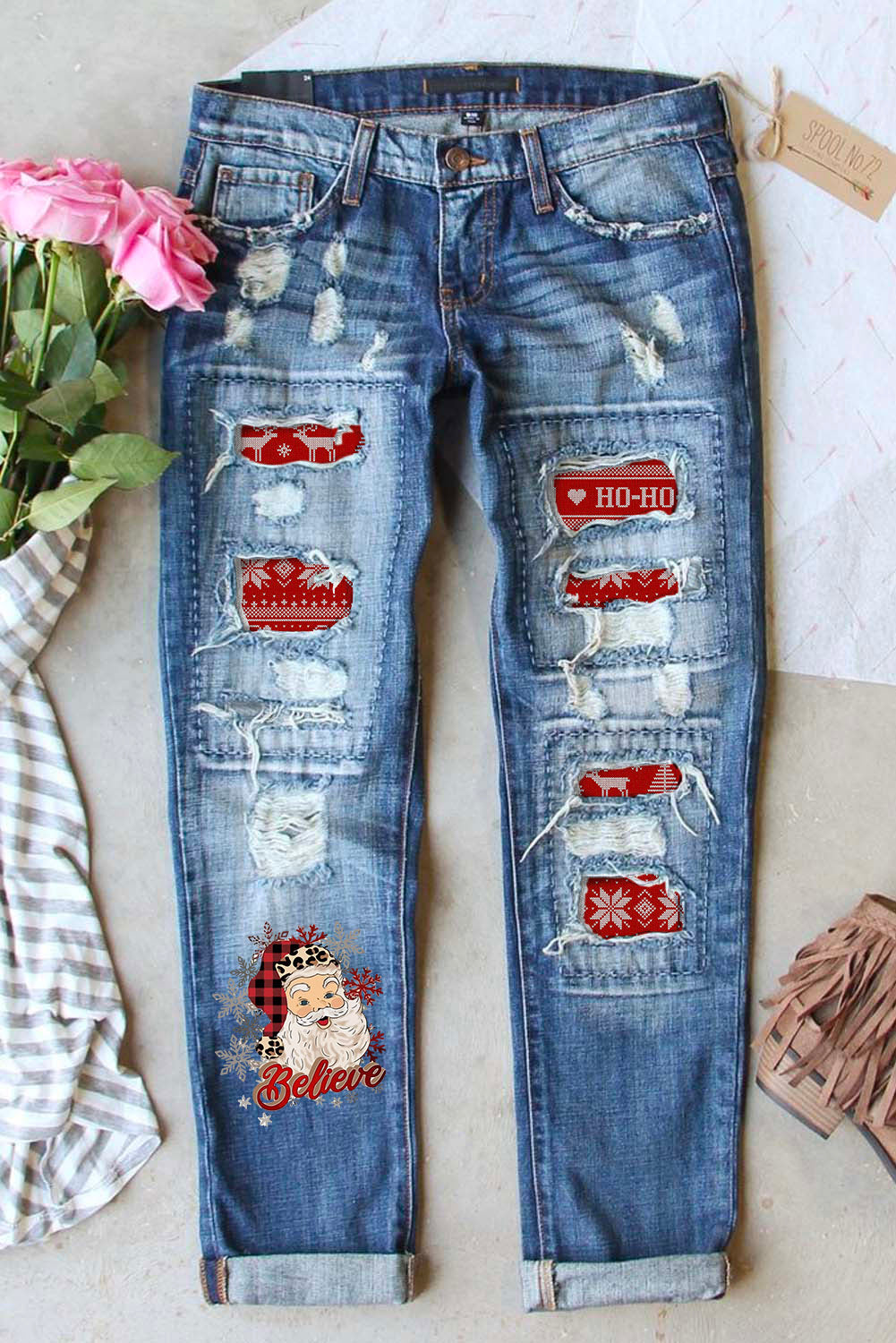 Sky Blue Santa Claus Pattern Splicing Distressed Boyfriend Jeans