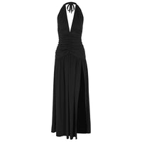 2024 summer new temperament hanging neck V-neck backless pleated slit high waist long dress