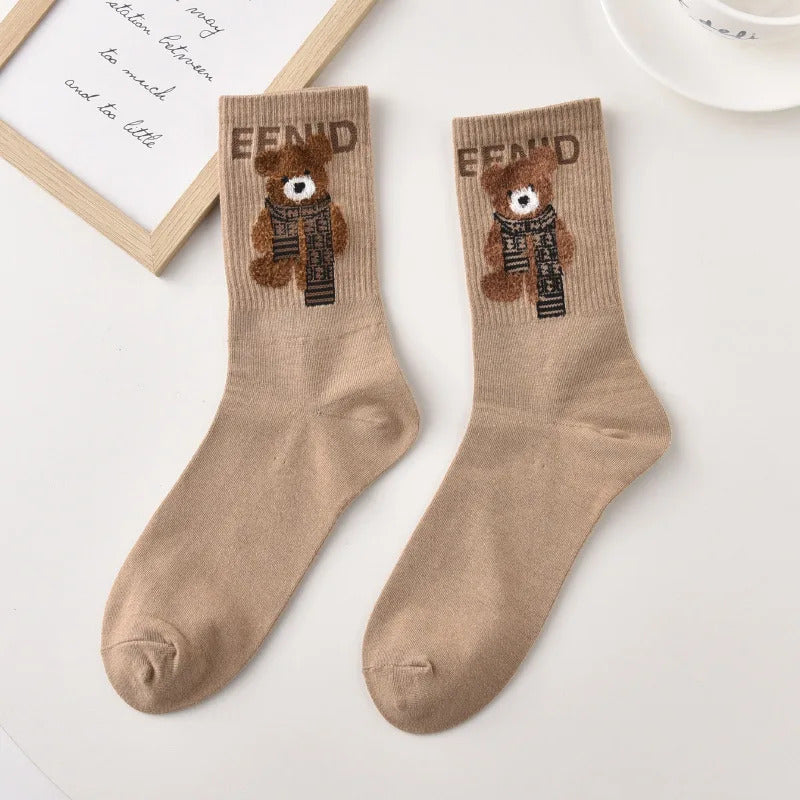 Spring Autumn Winter Cartoon Women'S Socks Cotton Mid-Tube Cute Bear Print Trend Short Socks Comfortable Breathable Sports Socks