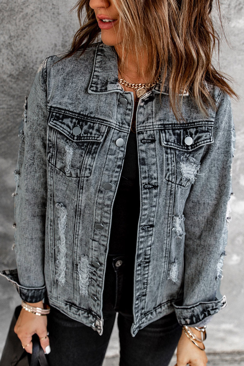 Gray Distressed Buttons Washed Denim Jacket