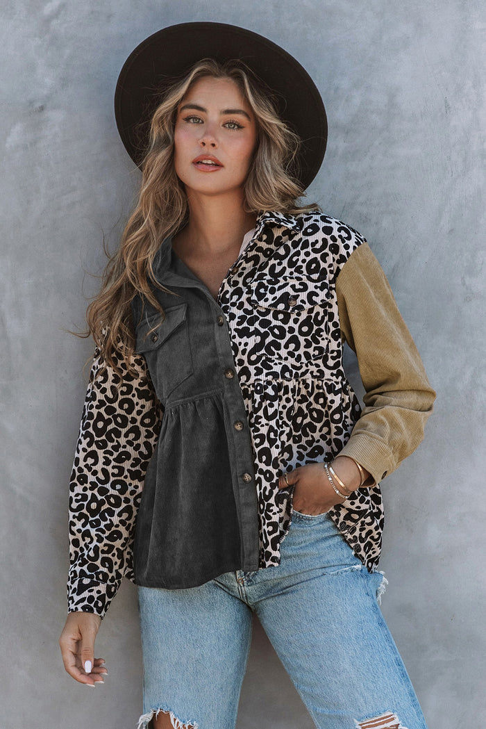 Leopard Colorblock Corduroy Shirt Jacket