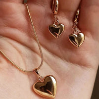 Glossy Gold Plated Metal Love Heart Dangle Earrings Necklace Jewelry Set for Women Simple Dainty Daily Wear Outfit Accessories