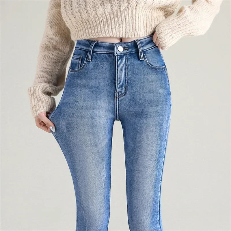 Women Thermal Skinny Jeans Mom Winter Warm Plush Stretch Jeans Lady Fleece Snow Denim Pants Student Pencil Straight Leg Trousers