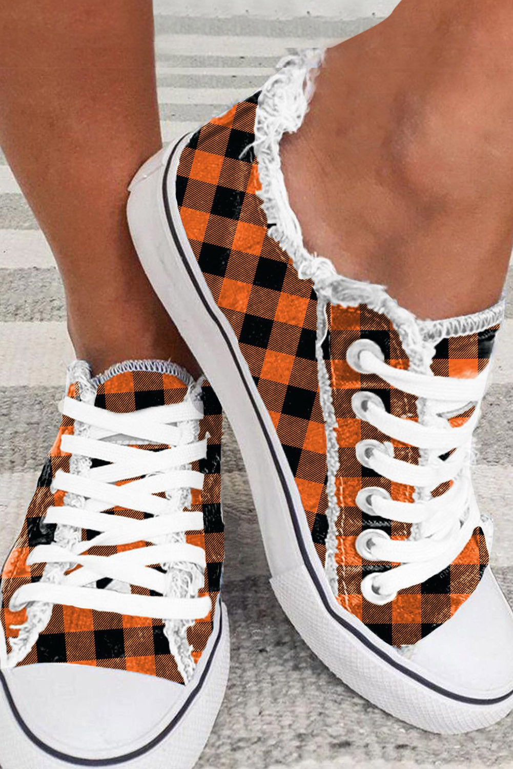 Orange Plaid Frayed Trim Lace-up Shoes