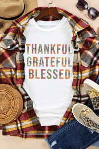 White Leopard Patchwork Thankful Grateful Blessed Graphic T Shirt