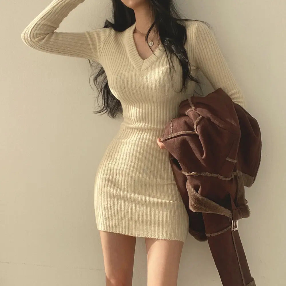 Women Knit Slim Sexy Bodycon Dress V-Neck Long Sleeve Dress Solid Casual Midi Sweater Dress For Women 2024 Autumn Winter