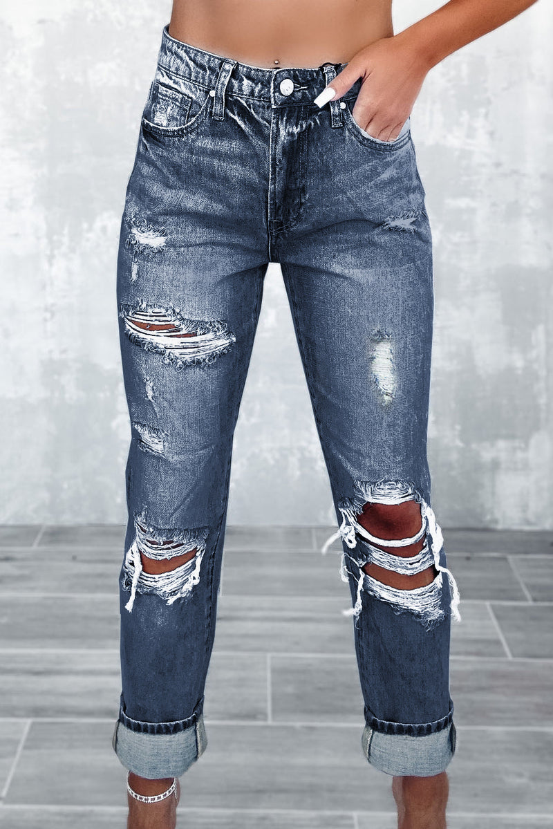 Navy Blue Light Wash Frayed Slim Fit High Waist Jeans