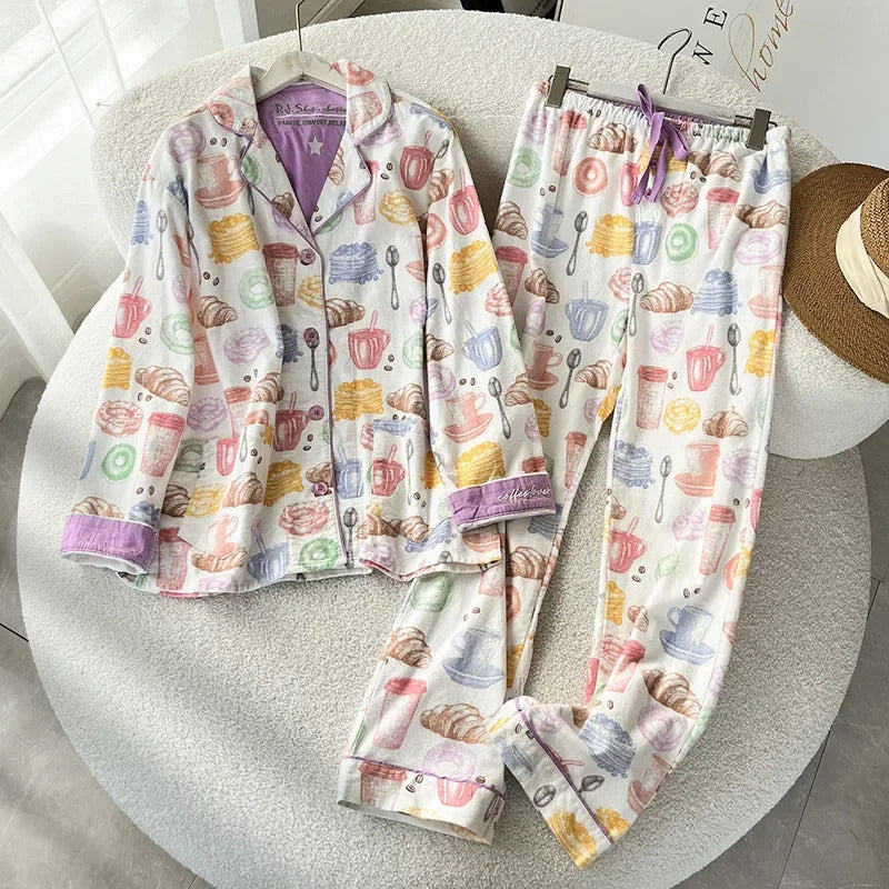 100% Cotton Pajamas for Women Loose Cartoon Long Sleeve Pants Loungewear Women 2 Piece Set Pj Women Outfit Sleepwear Set Pijamas