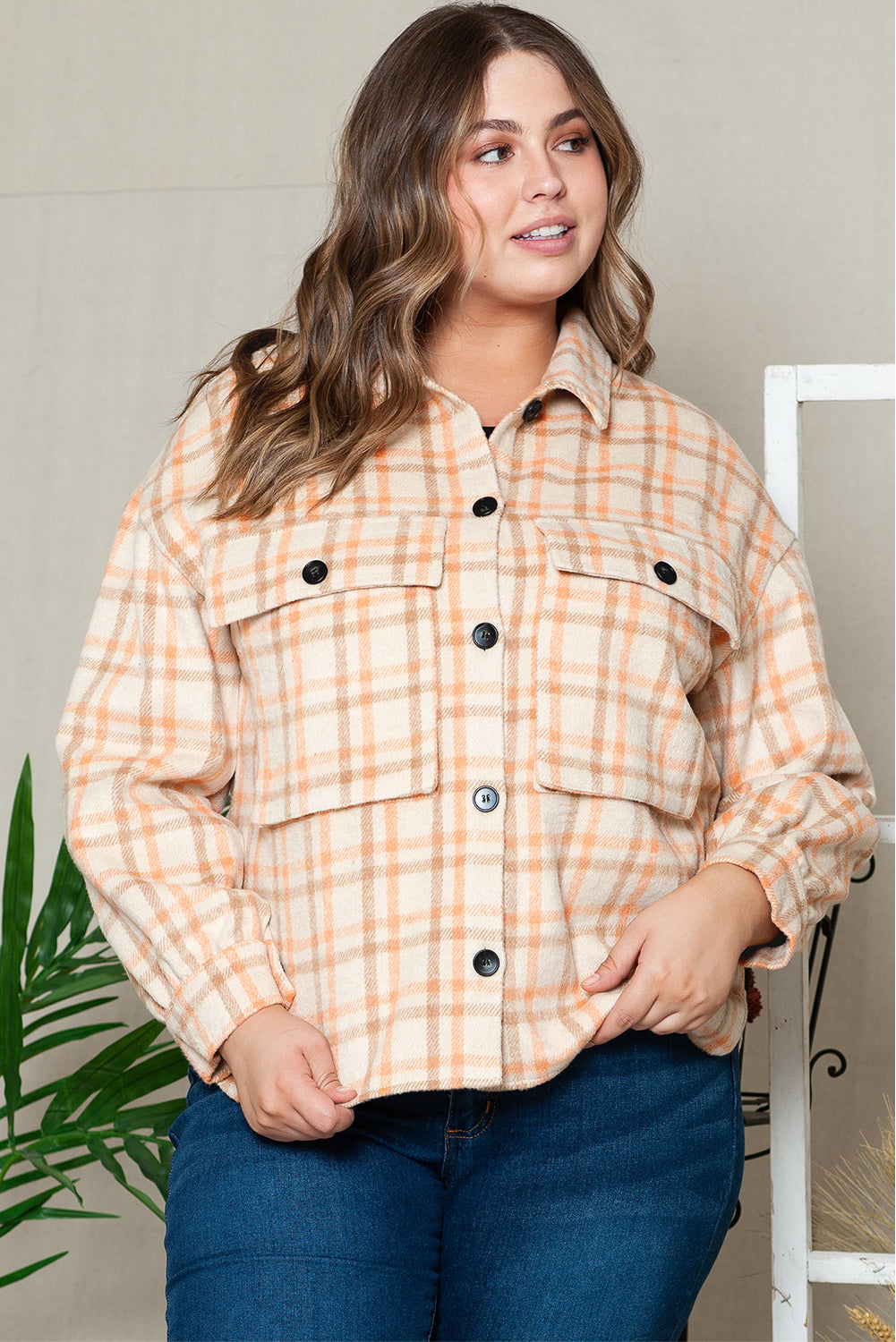 Khaki Plus Size Plaid Jacket with Flap Pockets