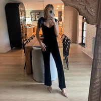 Fashion Velvet Sling Bow Solid Women Jumpsuit Chic V Neck High Waist Female Jumpsuits 2024 Elegant Office Lady Wide Leg Leotard