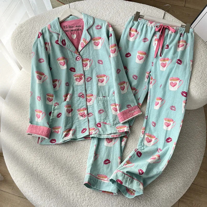 100% Cotton Pajamas for Women Loose Cartoon Long Sleeve Pants Loungewear Women 2 Piece Set Pj Women Outfit Sleepwear Set Pijamas