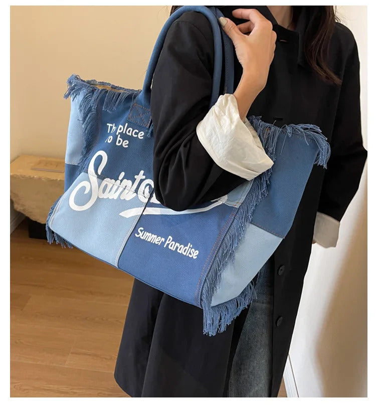 Korean Letters Tassel Canvas Bag Large Capacity Bag  Simple Commuter Student To Single Shoulder Tote Bag Handbags for Women 2024