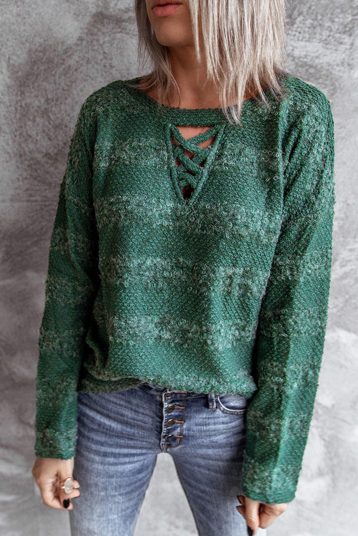 Green Crisscross Keyhole Fuzzy Sweater