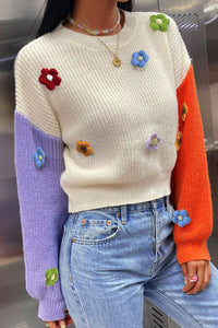 Multicolour Flower Applique Colorblock Drop Shoulder Sweater